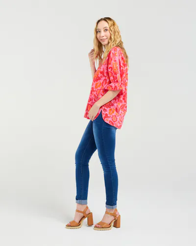 Model wearing Abstract Blush Sadie Top By Seduce Available at Beetees Nelson